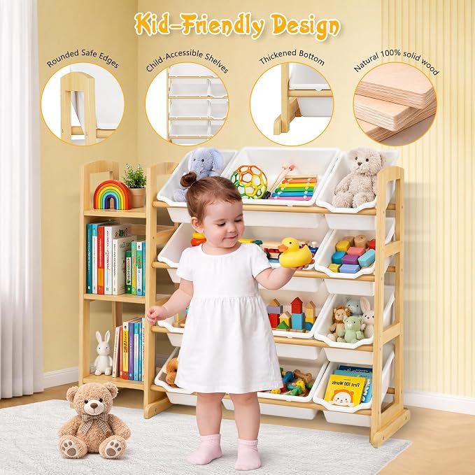 Toy Storage Organizer with 12 Bins & 3-Tier Bookshelf - White | 12 Removable Bins Keep Toys Sorted; 3-Tier Kids Bookshelf Creates Easy-Access Storage for Kids Rooms and Playrooms