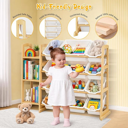 Toy Storage Organizer with 12 Bins & 3-Tier Bookshelf - White | 12 Removable Bins Keep Toys Sorted; 3-Tier Kids Bookshelf Creates Easy-Access Storage for Kids Rooms and Playrooms