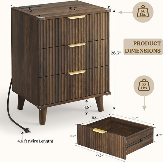 Lulive Wood 3 Drawers Dresser Fluted Night Stand with Charging Station, Storage Nightstand Modern Side Table, Bedside Table for Bedroom, Entryway