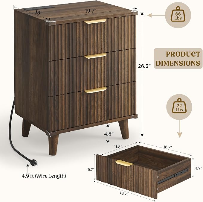 Lulive Dresser and Nightstand Sets 3-Piece, 2 Nightstands + 5-Drawer Dresser Bedroom Sets with Charging Station