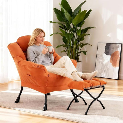 Welnow Lazy Chair with Ottoman for Living Room, Modern Reading Accent Chair with Armrests and a Side Pocket, Leisure Upholstered Lazy Sofa for Small Space, Bedroom, Dorm, Orange