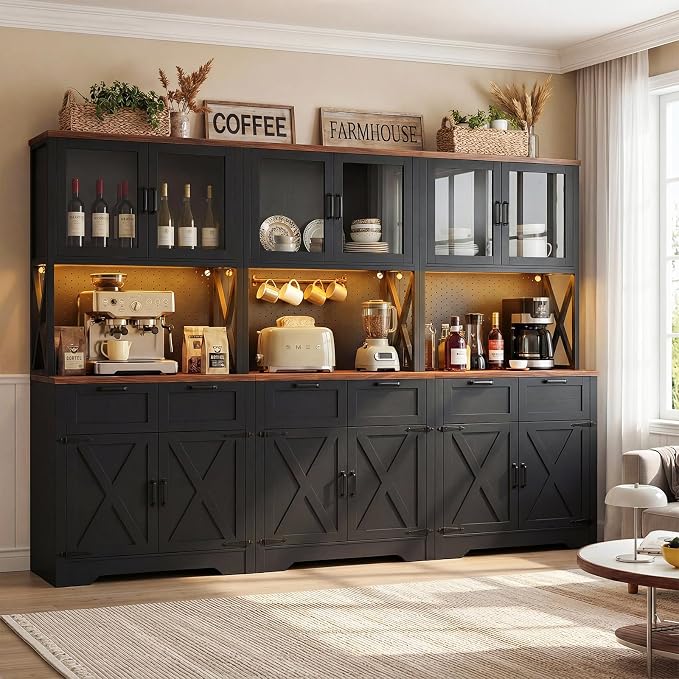 Unikito 94.5" Wide Kitchen Pantry Cabinet with 3 Power Outlets & LED Light, 71" Tall Large Kitchen Hutch with Countertop, DIY Pegboard with 18 Hooks & 6 Drawers, Farmhouse Food Pantry, Rustic Black