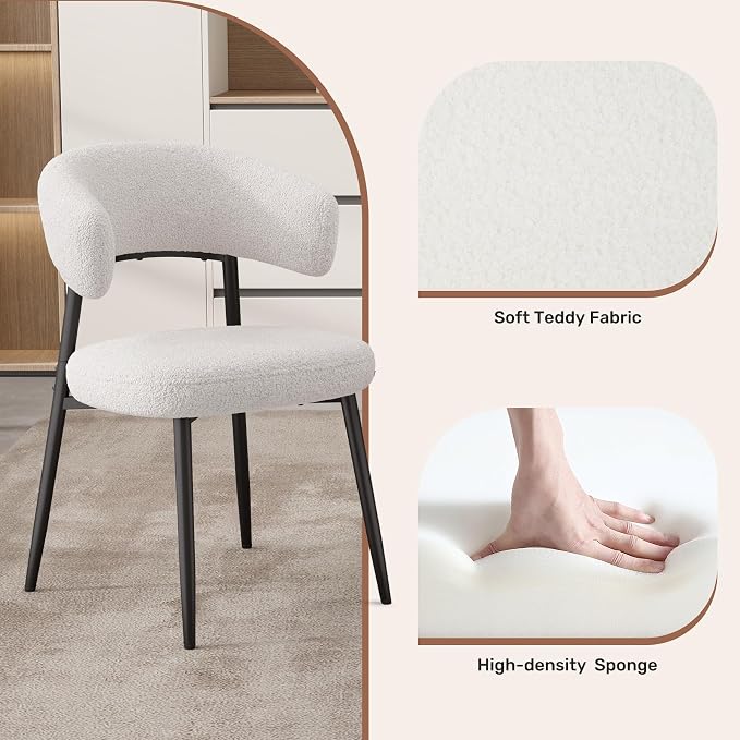 Dining Chairs Set of 4, Boucle Upholstered Dining Room Chair with Curved Backrest & Metal Legs, Mid Century Modern Round Kitchen Chairs, White
