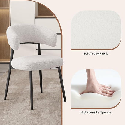 Dining Chairs Set of 4, Boucle Upholstered Dining Room Chair with Curved Backrest & Metal Legs, Mid Century Modern Round Kitchen Chairs, White