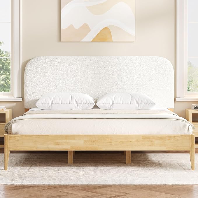 KISLOT Wood Bed Frame with USB & Type-C Charging, Boucle Platform Bed with Upholstered Headboard Mattress Foundation No Box Spring Needed Easy Assembly