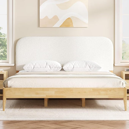KISLOT Wood Bed Frame with USB & Type-C Charging, Boucle Platform Bed with Upholstered Headboard Mattress Foundation No Box Spring Needed Easy Assembly