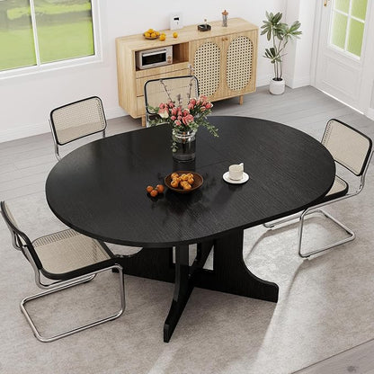 Zevemomo 43"-59" Round Extendable Dining Table for 4-6, Black Expandable Dining Room Table with Removable Self, Metal Reinforced Cross Base, Modern Oval Kitchen Table for Small Spaces, Easy Assembly
