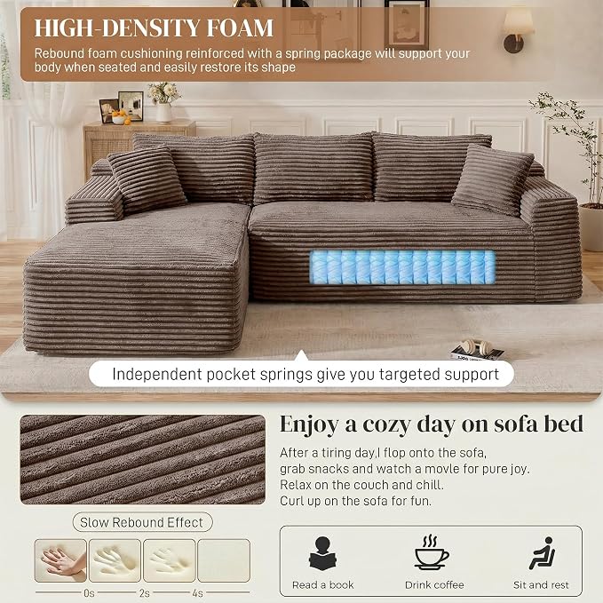 95" L Shaped Cloud Boneless Sectional Couches for Living Room, Modern Comfy Modular Deep Seat Memory Foam Compressed Corduroy Sofa Oversized Left Facing Chaise, No Assembly Required, Brown