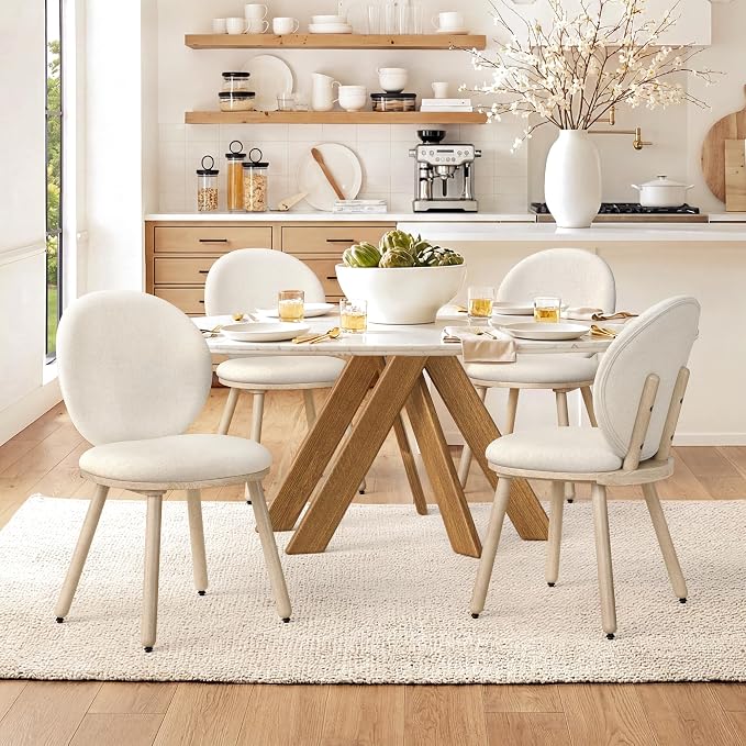 LUE BONA Dining Chairs Set of 4, Upholstered Fabric Kitchen Chairs with Dual-Spine Backrest, Kitchen Chair with Solid Wood Legs and Ergonomic Curved Seat, Easy Assembly for Kitchen Dining Room, Linen