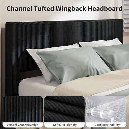 IDEALHOUSE Full Size Bed Frame with 4 Storage Drawers, Corduroy Upholstered Bed Frame with Tufted Wingback Headboard, Strong Wooden Slats Support, No Box Spring Needed, Black