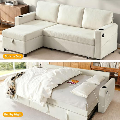KISLOT 84 Inch Sectional Sleeper Sofa with Pull Out Bed Convertible 2 in 1 Couch with Storage Chaise & USB Charging Comfy L Shaped Modular Couches for Living Room Apartment(2 Box)