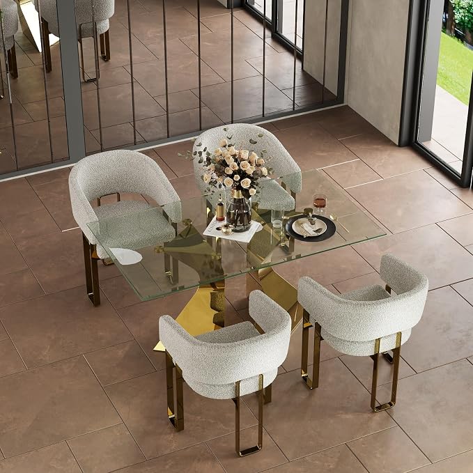 Boucle Dining Chairs Set of 4, White Barrel Dining Chairs with Arms and U-Shaped Mirrored Gold Legs, Modern Side Chairs for Dining Table, Kitchen and Dining Room Restaurant Recepition