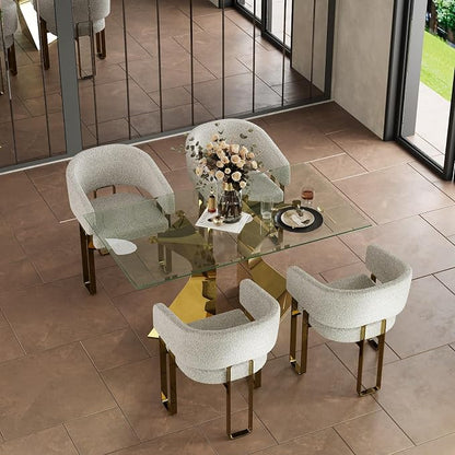 Boucle Dining Chairs Set of 4, White Barrel Dining Chairs with Arms and U-Shaped Mirrored Gold Legs, Modern Side Chairs for Dining Table, Kitchen and Dining Room Restaurant Recepition