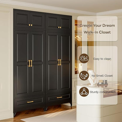 Metal Wardrobe Cabinets with Drawers,Black Armoire Wardrobe Closet with Hanging Rod,Clothes Storage Cabinet with Adjustable Shelves and Doors,Clothing Cabinet for Bedroom,Laundry Room
