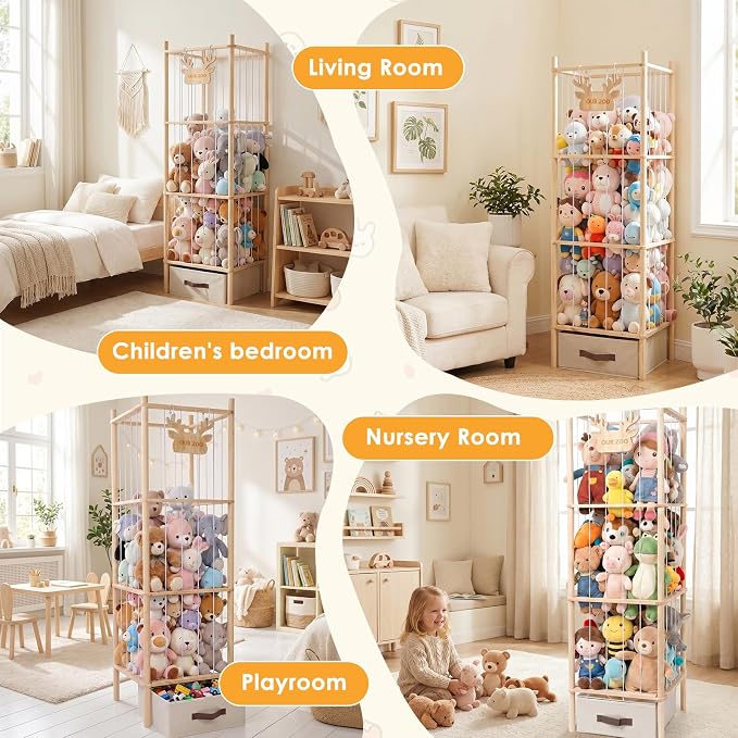 Stuffed Animal Storage Tower, 4-Tier Wooden Stuffed Animal Organizer Holder, Plushies Storage with Two Wooden Cute Zoo Signs for Nursery Playroom Bedroom