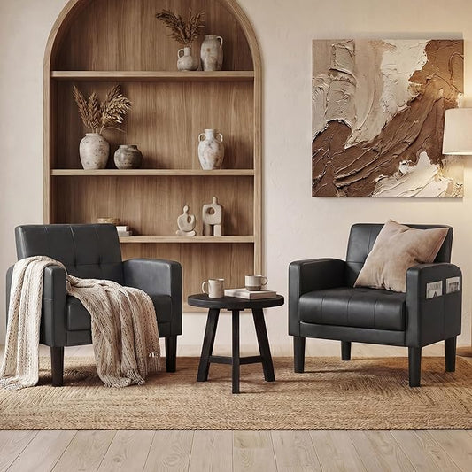 TYBOATLE Accent Chair Set of 2 Living Room Chairs Cozy Tufted Mid Century Modern Black Accent Chairs with Arms for Bedroom Comfy Reading Arm Chair Small Chairs for Small Spaces Office(2, Black)
