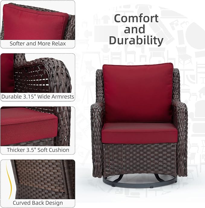 Towallmark Outdoor Swivel Wicker Glider Patio Chairs with Table Set, 3 Pieces Outdoor Bistro Set with 4”Thick Cushions and Coffee Table for Porch, Balcony, Deck (Red)