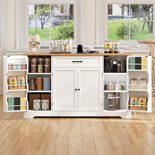 Gizoon 56" Kitchen Coffee Bar Cabinet with Storage Kitchen Sideboard Buffet Cabinet with Drawers, Short Pantry with Door and Shelves for Bathroom and Living Room, Painted White and Rustic