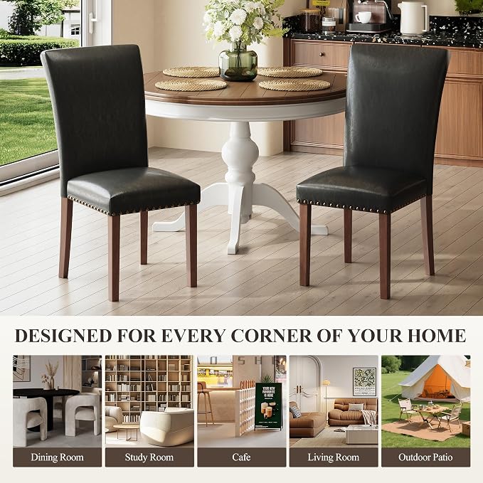 COLAMY Parsons Dining Chairs Set of 6, PU Leather Dining Room Kitchen Side Chair with Nailhead Trim and Wood Legs - Black