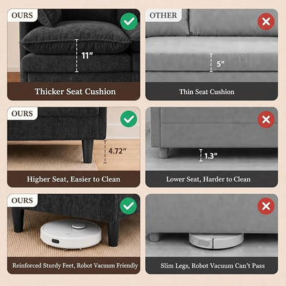 Convertible Sectional Sofa, 69" Small Cloud L-Shaped 3-Seat Couch with Movable Ottoman & Curved Armrest, Modern Chenille Fabric for Living Room, Apartment and Small Space, Black