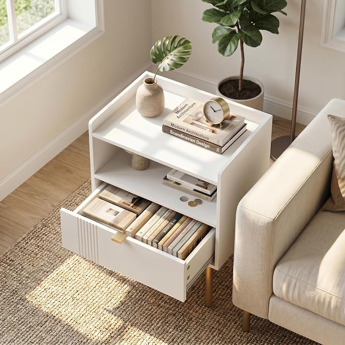 Nightstand, Mid-Century Modern Night Stand Table with Storage Drawer and Open Wood Shelf, Side End Table with Sturdy Metal Legs Small Spaces (White)