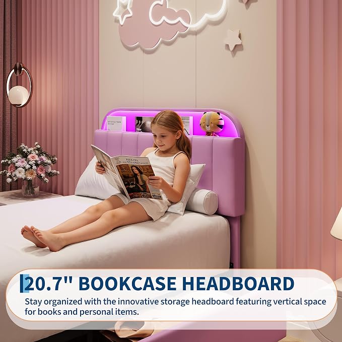 Garvee Twin Size Bed Frame with 2 Flexible Drawers, Upholstered Platform Bed Frame with Bookcase Headboard and LED Lights, Kids Bed for Girls, Easy Assembly, Noise Free, Purple