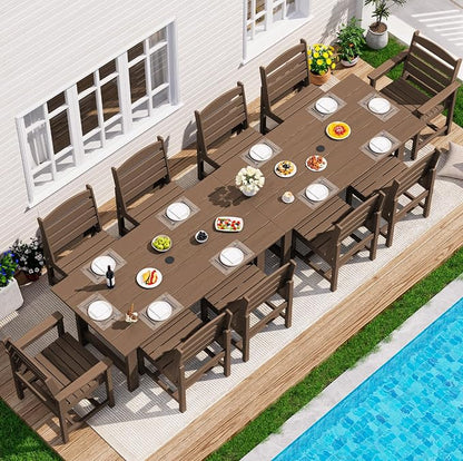 SERWALL Outdoor Dining Sets for 10 Person, HDPE Dining Set with 2 Tables, 8 Armless Chairs and 2 Armed Dining Chairs, Brown