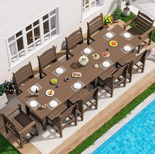 SERWALL Outdoor Dining Sets for 10 Person, HDPE Dining Set with 2 Tables, 8 Armless Chairs and 2 Armed Dining Chairs, Brown