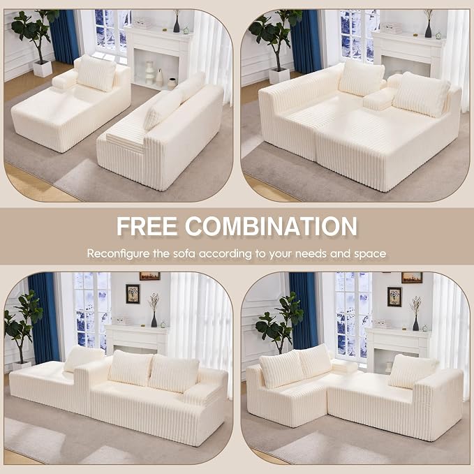 Hobestluk Boneless Couch Modular Sectional Sofa L-Shape Oversized Chaise | 108" Left Facing Chaise White,Memory Foam,Removable Cover,Non-slip Bottom,No Assemble Required,Living Room Furniture