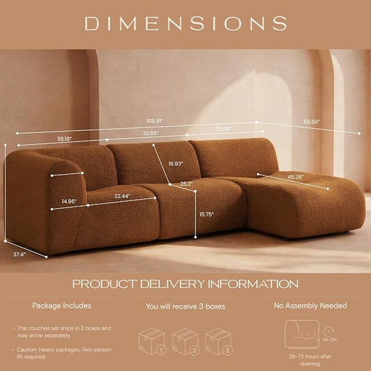 Curved Sectional Modular Couch with Chaise, Modern 105.91'' Boneless Sofa with Deep Seat, Sherpa Boucle Cloud Couch for Living Room, Cozy Teddy L-Shaped Couches, No Assembly, Brown