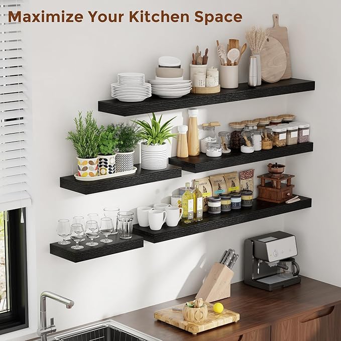 Heimlove 12 Inch Floating Shelves for Wall Black Shelves Set of 2,Wall Mounted Rustic Wood 8 Inch Deep Floating Shelf with Invisible Brackets for Bedroom Kitchen Living Room