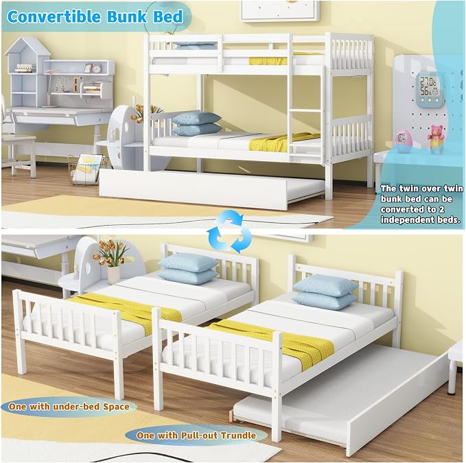Harper & Bright Designs Convertible Wood Twin-Over-Twin Bunk Bed with Trundle and Ladder - Can Be Divided Into Two Platform Beds (White)