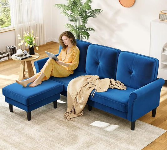 Kidirect Small Sectional Couch, 83" L Shaped Couch, Comfy Velvet Couches for Living Room, Tool-Free Setup Modular Sectional Sofa, 850lbs Load Sofas for Living Room with 1 Movable Ottoman, Blue Couch