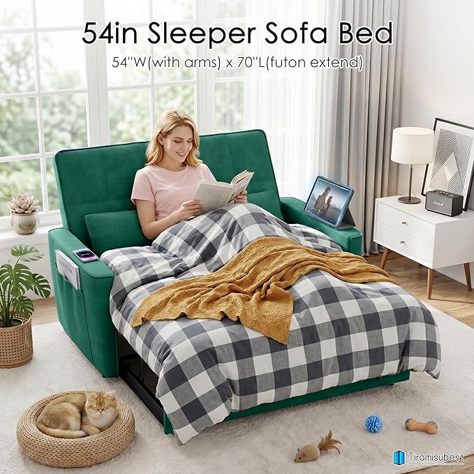 54'' Sleeper Sofa Bed, Convertible Pull Out Couch Futon for for Living Room,Apartment (Green, Loveseat) Side Pockets, Velvet Fabric, Adjustable Backrest, Pull-Out Bed, Easy Assembly