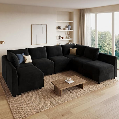 HONBAY Modular Sectional Sofa with Storage U Shape Sectional Sofa Velvet Sectional Couches for Living Room,Black