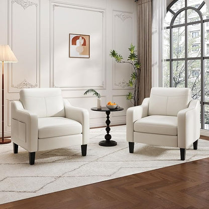 MALOL PU Leather Accent Chair, Mid-Century Modern Living Room Armchair Sofa with Removable Cushions, Solid Wood Frame & Stitched Armrest Design, Bedroom Chair with Plastic Legs, Beige