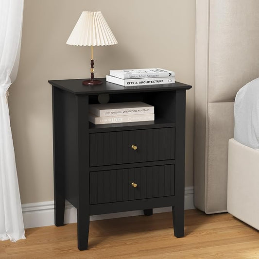 RoyalCraft Black Fluted Nightstand with 2 Drawers, Colorful Nightstand for Bedroom, Modern Wooden End Table with Storage for Small Spaces, Tall Side Sofa Table for Couch, Home Office