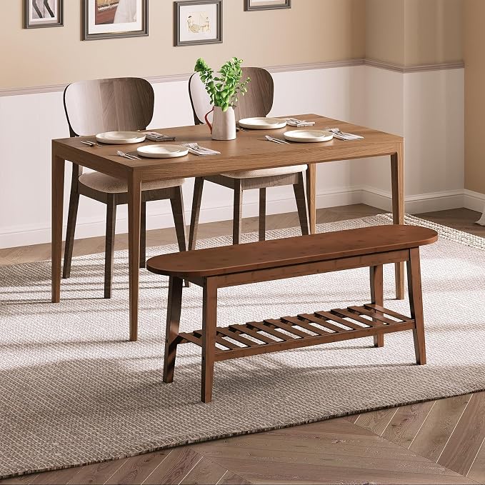 HOOBRO Dining Bench, 2-Tier Bamboo Farmhouse Entryway Bench, Indoor Storage Wooden Bench for Living Room, Dining Room, Hallway, Bedroom, Entryway, Bathroom, Brown BR06CD01