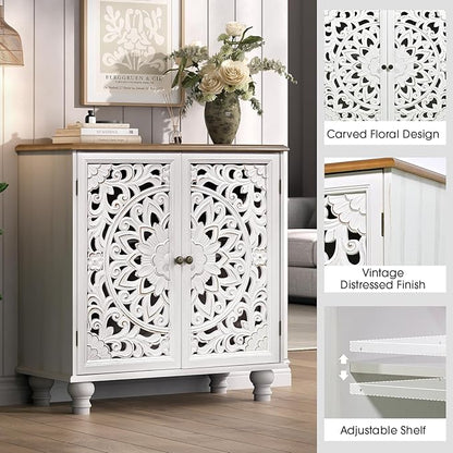 JOINICE White Accent Cabinet with Walnut Finish Top, 31" Farmhouse Storage Cabinet with Carved Doors for Living Room, Sideboard Buffet for Dining Room, Solid Wood Legs