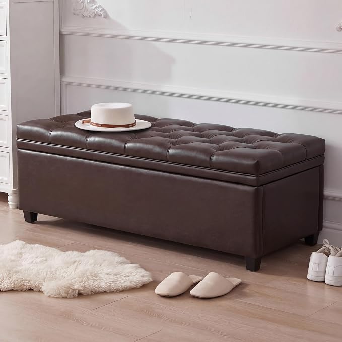 Mangodan Storage Ottoman Bench, Tufted Ottoman with Storage for Living Room, Large End of Bed Ottomans, Modern Entryway Benchs (Faux Leather Dark Brown, 50 Inch)