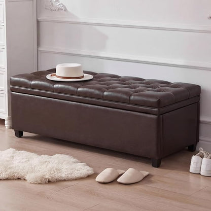Mangodan Storage Ottoman Bench, Tufted Ottoman with Storage for Living Room, Large End of Bed Ottomans, Modern Entryway Benchs (Faux Leather Dark Brown, 50 Inch)