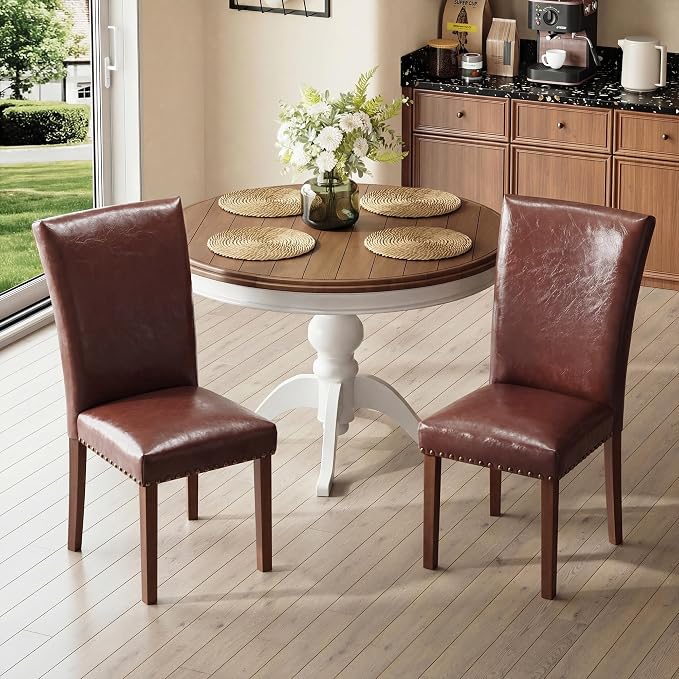 MALOL Dining Chairs Set of 2, High Back Dining Chair with Wood Legs and Nailhead Trim, Modern Padded Kitchen Room Chairs for Dining Room/Restaurant, Light Brown