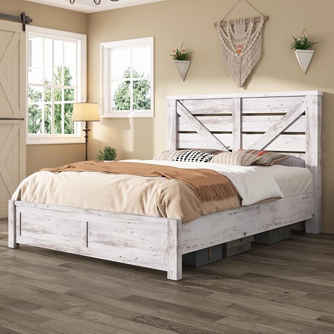 AMERLIFE Queen Size Bed Frame with 49.2" Barn Door Headboard and Footboard, Farmhouse Platform Bed Frame with Wood Slats, No Box Spring Needed, Under Bed Storage, Distressed White