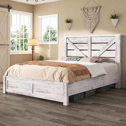 AMERLIFE Full Size Bed Frame with 49.2" Barn Door Headboard and Footboard, Farmhouse Platform Bed Frame with Wood Slats, No Box Spring Needed, Under Bed Storage, Distressed White