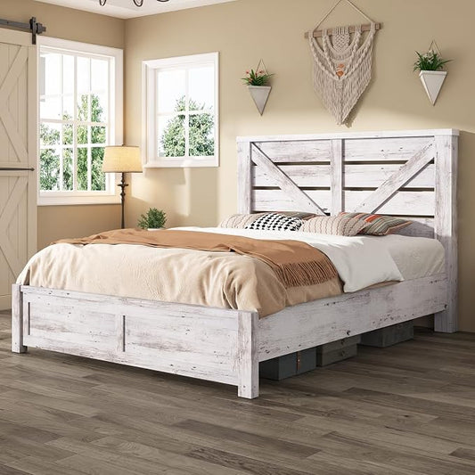 AMERLIFE Full Size Bed Frame with 49.2" Barn Door Headboard and Footboard, Farmhouse Platform Bed Frame with Wood Slats, No Box Spring Needed, Under Bed Storage, Distressed White