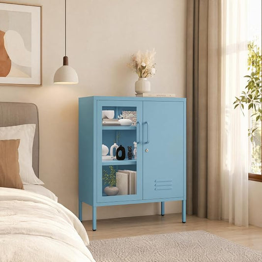 Lockable Metal Storage Cabinet Locker Adjustable Shelves, Multifunctional Versatile Storage Lockers, Easy Assembly Durable Metal Sideboard Furniture for Bedroom Home Office Blue