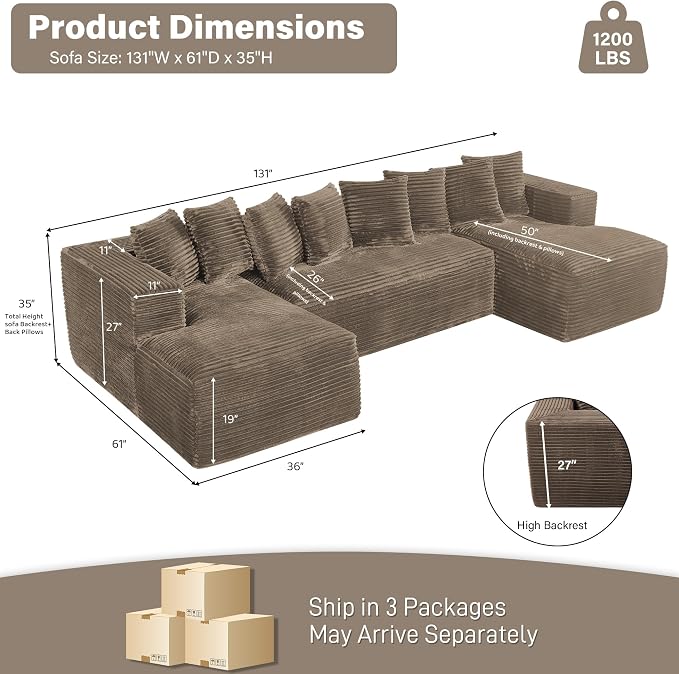 131" Oversized U Shaped Cloud Sectional Couches for Living Room, Comfy Fluffy Corduroy Brown Boneless Sectionals Couch, Plush Memory Foam Modular Sectional Sofa with Chaise- 19" Seat Height