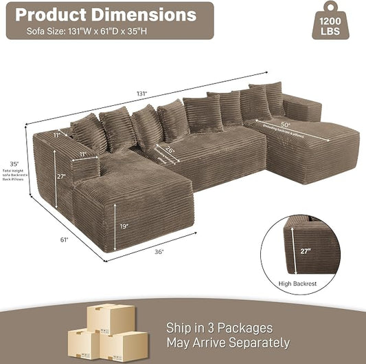131" Oversized U Shaped Cloud Sectional Couches for Living Room, Comfy Fluffy Corduroy Brown Boneless Sectionals Couch, Plush Memory Foam Modular Sectional Sofa with Chaise- 19" Seat Height