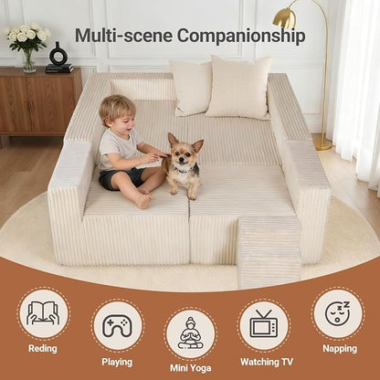 Claiks 128" Modular U Shaped Couch, Sectional Deep Seat Sofa with Pet Stair, Khaki