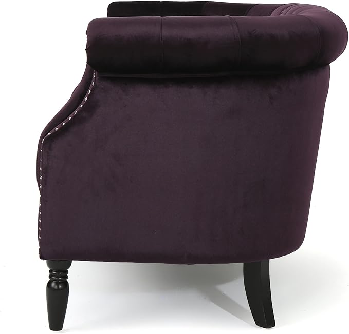 Christopher Knight Home GDFStudio Melaina Tufted Chesterfield Velvet Loveseat with Scrolled Arms, BlackBerry and Dark Brown